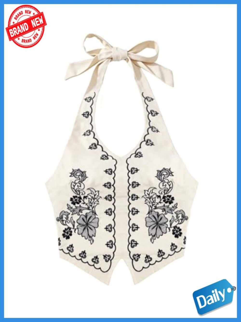 Women's Boho Embroidered Floral Halter Tie Backless Crop Tank Top Summer